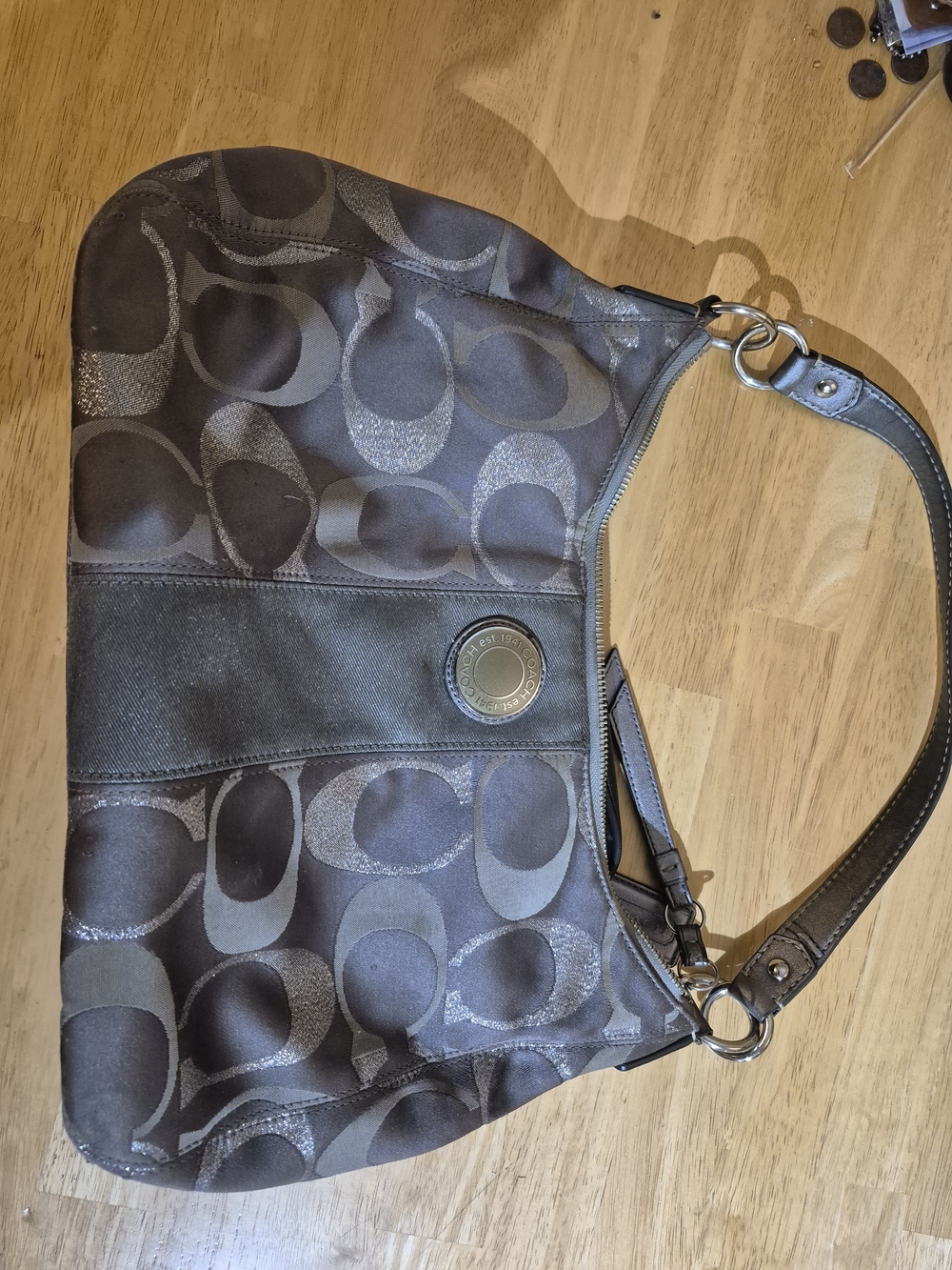 Coach Signature Jacquard Shoulder Bag in Charcoal and Silver